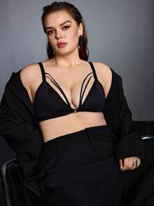 EmpressEnvy Plus Size Minimalist Solid Color Front Closure Wireless Bra - Black - View 4