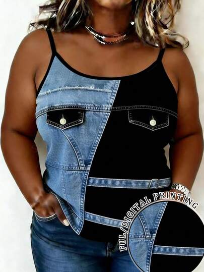 EMERY ROSE Camiseta sin tirantes casual con estampado de mezclilla para mujer de talla grande
