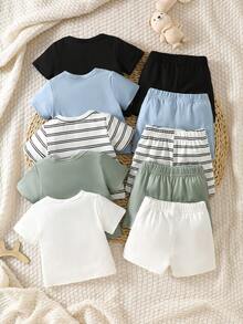 SHEIN 5 Stücke/Set Süßer Neugeborenen Baby Outfit, Kurzarm T-Shirt + Hose, Sommer - Babyblau - Übersicht 2