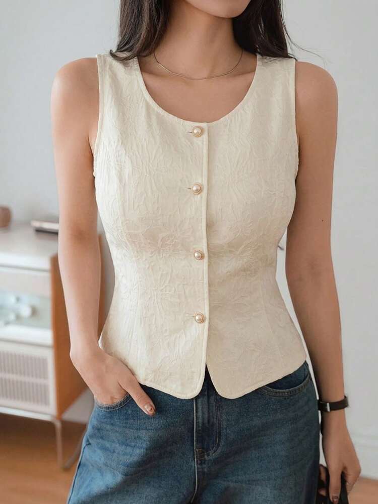 Women's Textured Waist-Cinching Sleeveless Vest, Casual Lightweight Commute Luxury Feel, Spring & Summer Business Casual Woman