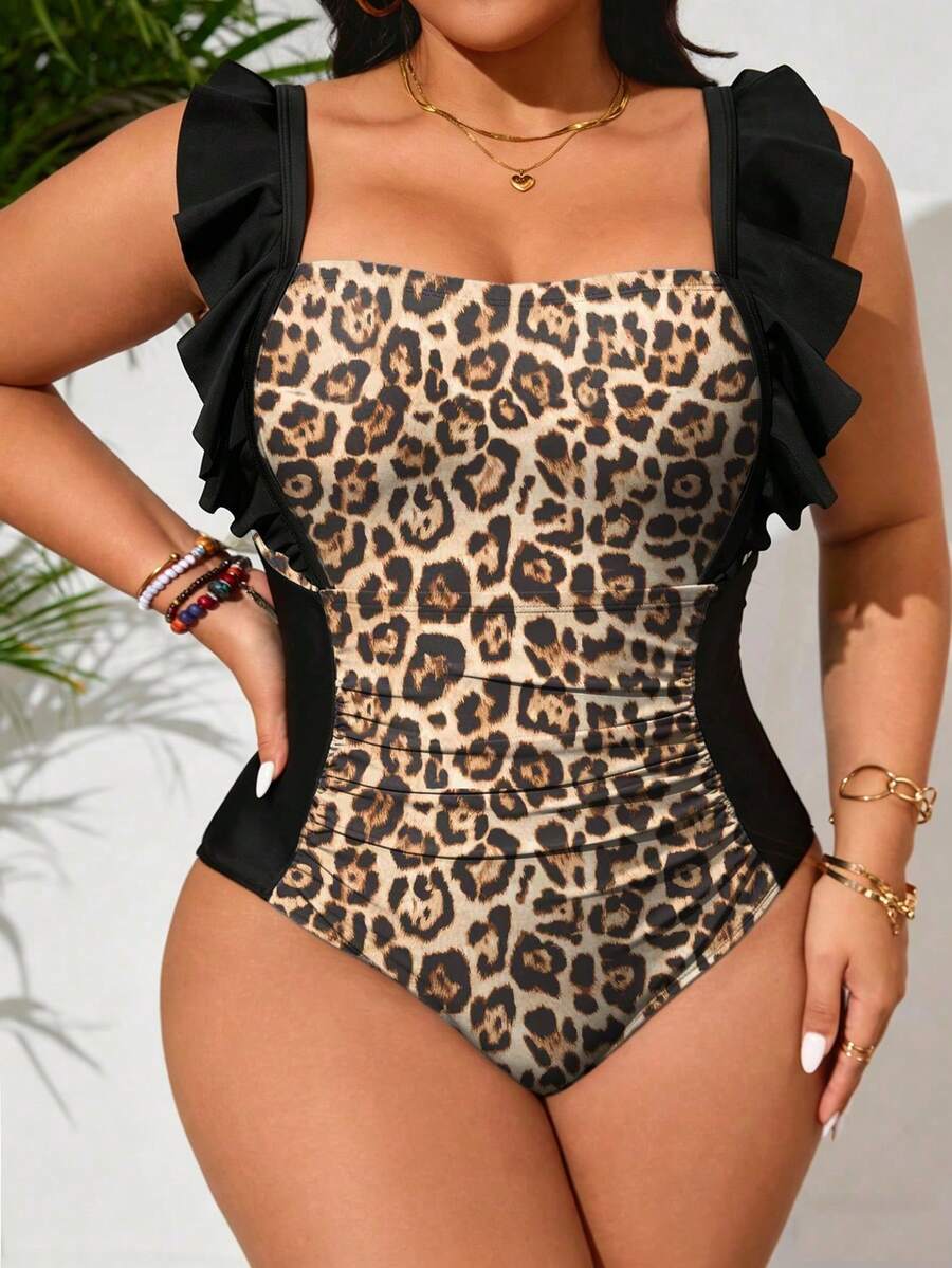 SHEIN Swim Lushore Plus Size Women's One-Piece Random Leopard Print Patchwork Ruffle Adjustable Strap Sexy Fashionable Bodycon Daily Slimming Casual Swimsuit - Black - View 1