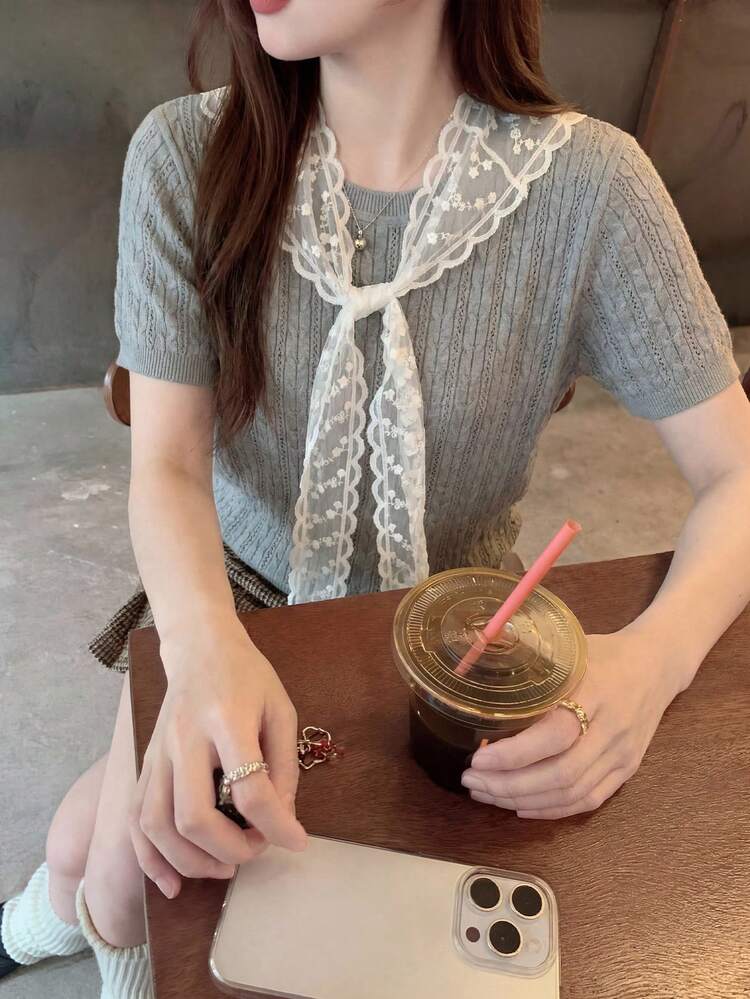 Lace Trim Shawl Collar Short Sleeve Knit Top, Casual Summer Vacation Wear For Women