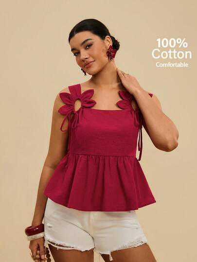 Travachic Plus Size Women's 100% Cotton Camisole Top, Solid Pink Color With 3D Floral Decor, Waist Cinched, Elegant For Daily Wear, Vacation, Spring/Summer Tops For Women Summer Outfits For Women Vacation Outfits Women Summer Tank Tops For Women Holiday Outfits For Women Beach Outfits For Women Women's Cruise Outfit Cute Tops