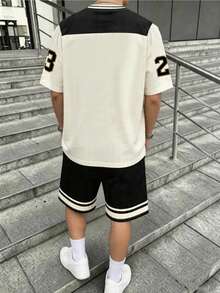 SHEIN 2件套青少年男童休闲数字英文印花T恤和短裤套装，杏色、黑色，适合夏季，经典时尚标语“23”，运动文字风格 - 彩色 - 查看 2