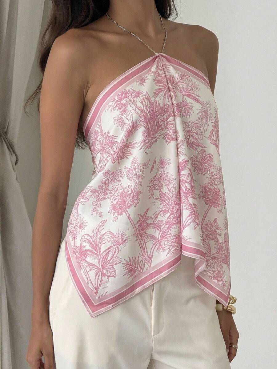 Aloruh 女士优雅扎染雪纺印花露背沙滩度假上衣 - 藕粉色 - 查看 1