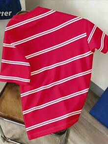 Manfinity Joysei Men's Letter & Stripe Print Round Neck Short Sleeve Casual T-Shirt - Hot Pink - View 3