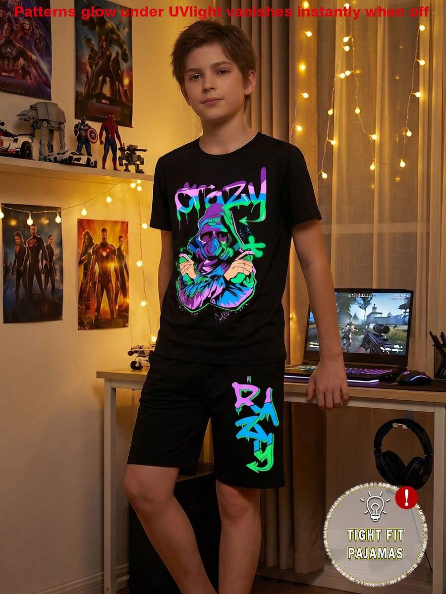 Tween Boys Glow-In-The-Dark Graphic Print Knit Snug Fit Pajama Set, 2pcs (Requires UV Light Exposure) - Black - View 1