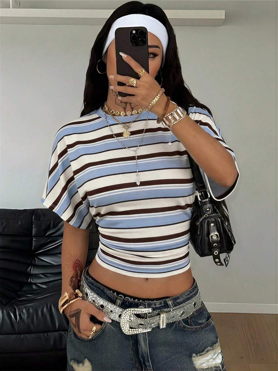 SHEIN Coolane Women's Striped Cropped Drop Shoulder T-Shirt - Multicolor - View 1