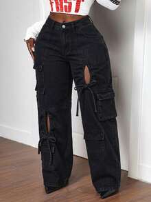 Slaydiva Plus Size Distressed Wide Leg Denim Jeans - Black - View 3