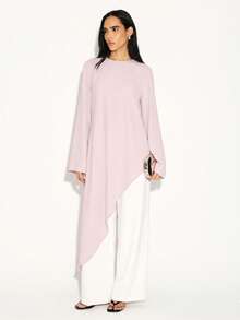 Asymmetric Hem Long Sleeve Flowing Blouse With High Low Draped Design And Crew Neckline For Casual Layered Fashion Style - Baby Pink - View 1