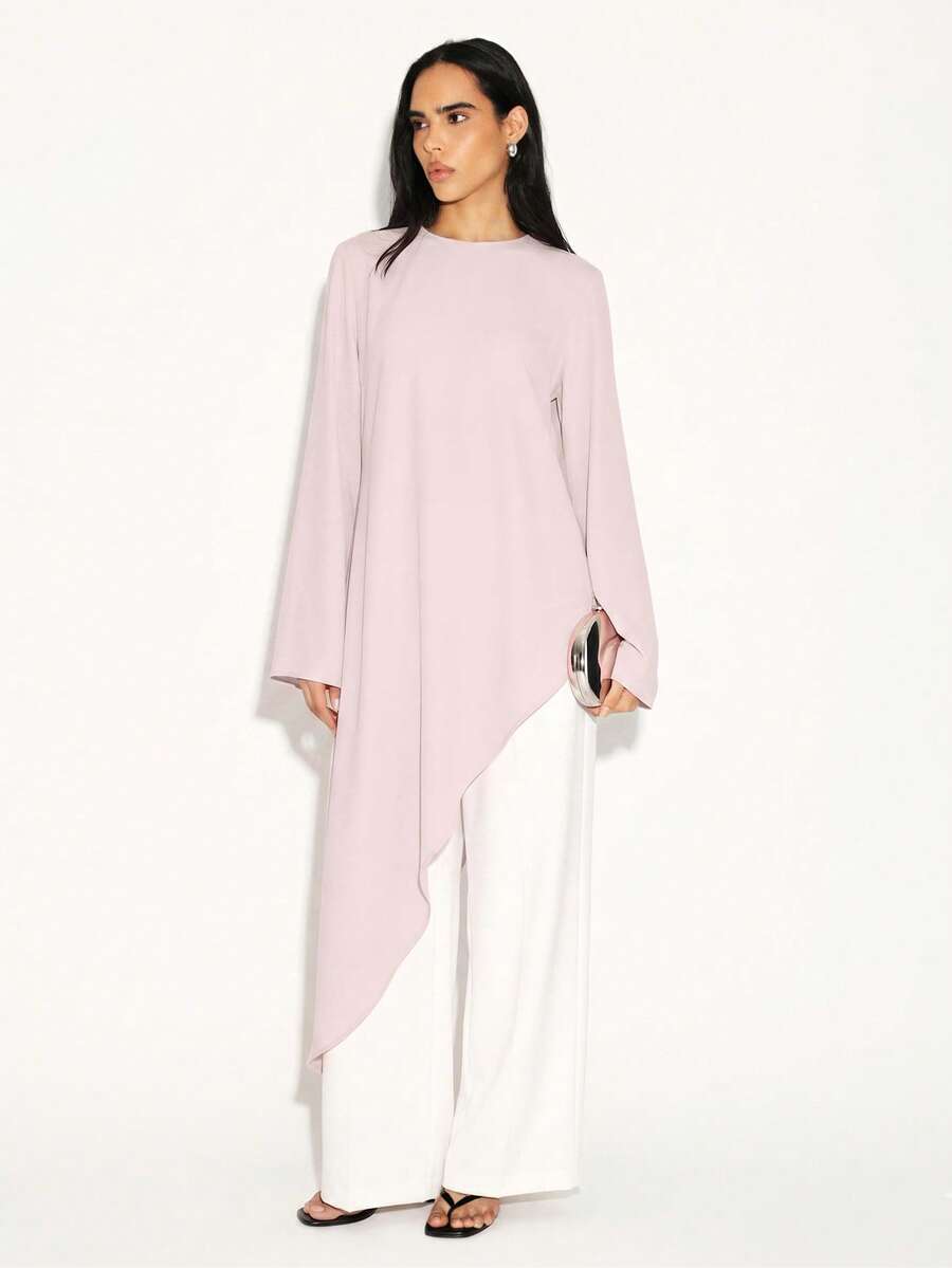 Asymmetric Hem Long Sleeve Flowing Blouse With High Low Draped Design And Crew Neckline For Casual Layered Fashion Style - Baby Pink - View 1