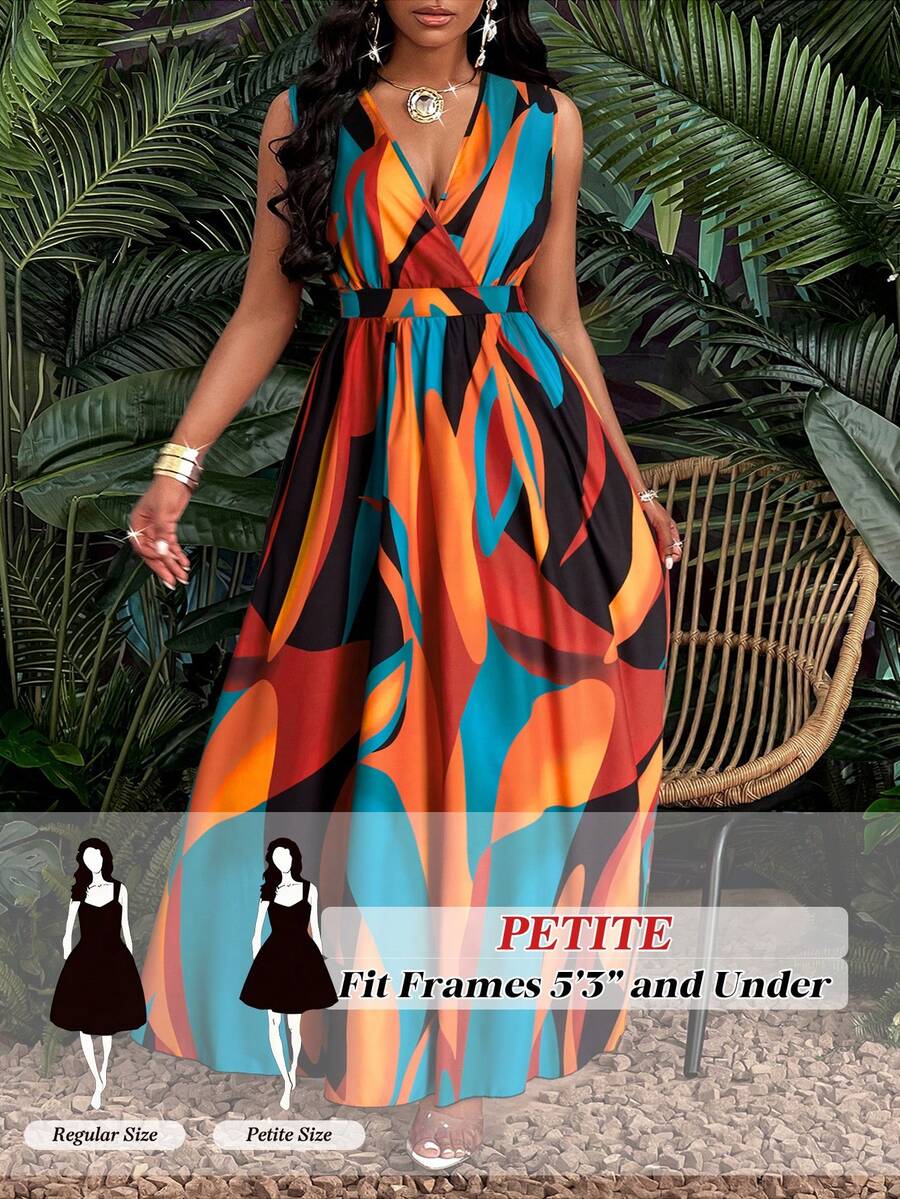 SHEIN PETITE CURVE Plus Size Women V-Neck Ruched Patchwork Casual Party Dress - Orange - View 1