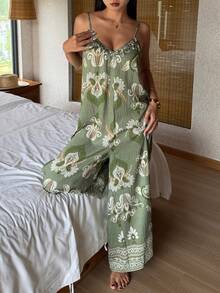 DAZY Bộ jumpsuit không tay ống rộng in hoa dành cho nữ, kiểu dáng đi nghỉ mát. - màu xanh lá - Xem 8