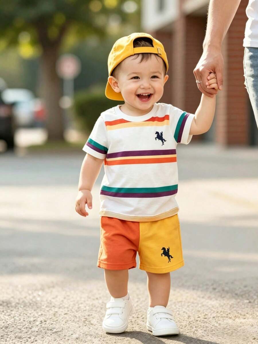 2件套幼儿男童舒适休闲可爱条纹印花短袖上衣和撞色短裤套装，春夏装，适合拍照、日常穿着、外出、度假、送礼 - 彩色 - 查看 1