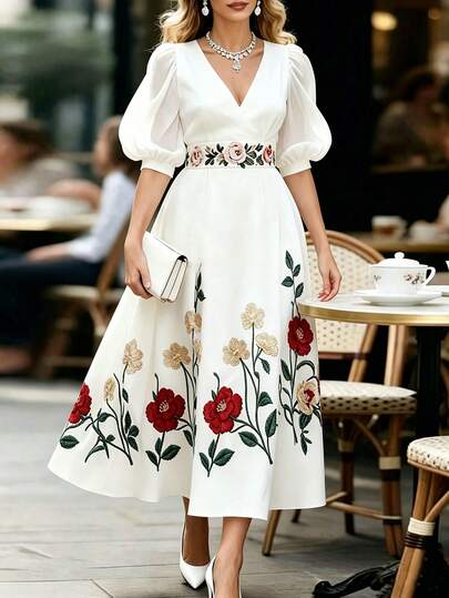 GlowEve Đầm midi nữ cổ chữ V tay phồng eo thon dáng chữ A, họa tiết hoa nhí, thiết kế phối chiffon, hàng mới về mùa hè, đầm midi nghỉ dưỡng nữ, đầm hè nữ, đầm dự tiệc thanh lịch nữ, đầm thường ngày nữ, đầm hoa nhí nữ, đầm thanh lịch quyến rũ nữ, đầm tay ngắn nữ, đầm dự tiệc cưới nữ, trang phục tốt nghiệp, trang phục công sở thường ngày thời trang, trang phục công sở, trang phục thường ngày đa năng và phong cách, đồng phục giáo viên thành thị.