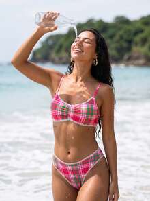 Swim Mod Conjunto de bikini de mujer con tirantes de espagueti, busto fruncido y estampado a cuadros para vacaciones de verano en la playa - Multicolor - Ver 1