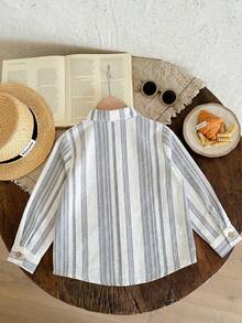 SHEIN 男童卡其色条纹立领长袖梭织衬衫，舒适百搭休闲条纹基础款上衣，适合室内、户外滑雪、日常穿着、运动、玩耍、派对、拍照、万圣节、圣诞节等秋冬季场合。 - 藏蓝色 - 查看 3