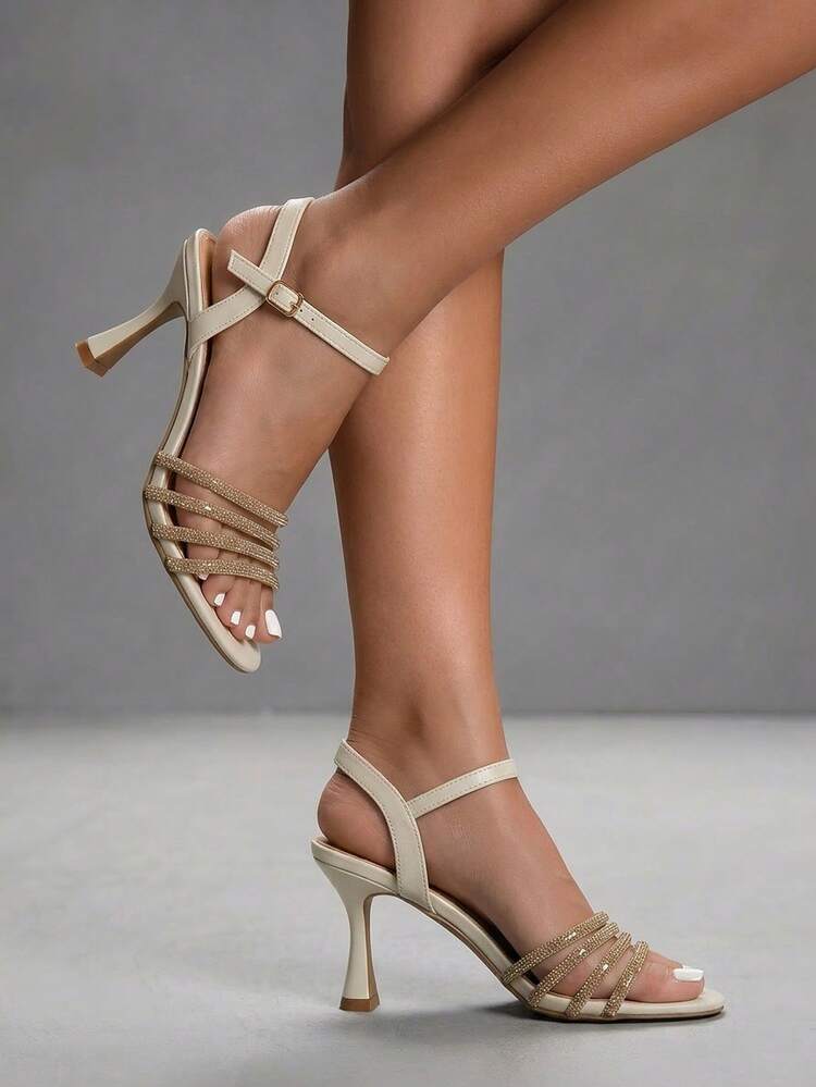 CUCCOO SZL Women Shoes Summer New Round Toe Thin High Heel Apricot Rhinestone Strip With Ankle Strap Fashion Sexy Party Banquet Women's High Heel Sandals Open Toe Fashion Women's Sandals