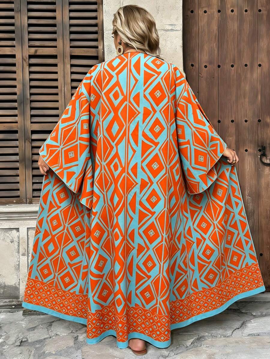 Ceyna Plus Size Women's New Elegant Multi-Color Bohemian Style Colorful Paisley Pattern Open Front Long Sleeve Long Cardigan Outerwear Fall - Blue - View 1