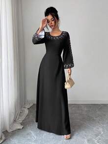 SHEIN Elenzya 定位印花长袖圆领A字型优雅浪漫精致女式连衣裙 - 黑色 - 查看 5