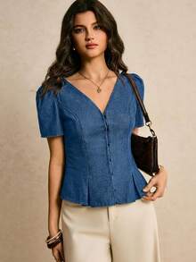 Poéselle Women's Solid Color V-Neck Fitted Short Sleeve Denim Blouse, Summer - Medium Wash - View 6