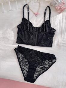 PetitDoll Áo lót hai dây ren đen dễ thương dành cho nữ, thiết kế nơ phối viền tương phản, nội y một mảnh. - màu đen - Xem 2