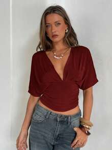 Aloruh Apricot Deep V Ruched Short Sleeve Tight Fitted Women T-Shirt,Summer Top - Burgundy - View 4