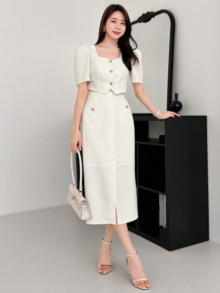 Women's Elegant Commuter Petal Sleeve Top And Split Hem Skirt 2 Pieces Set, Summer