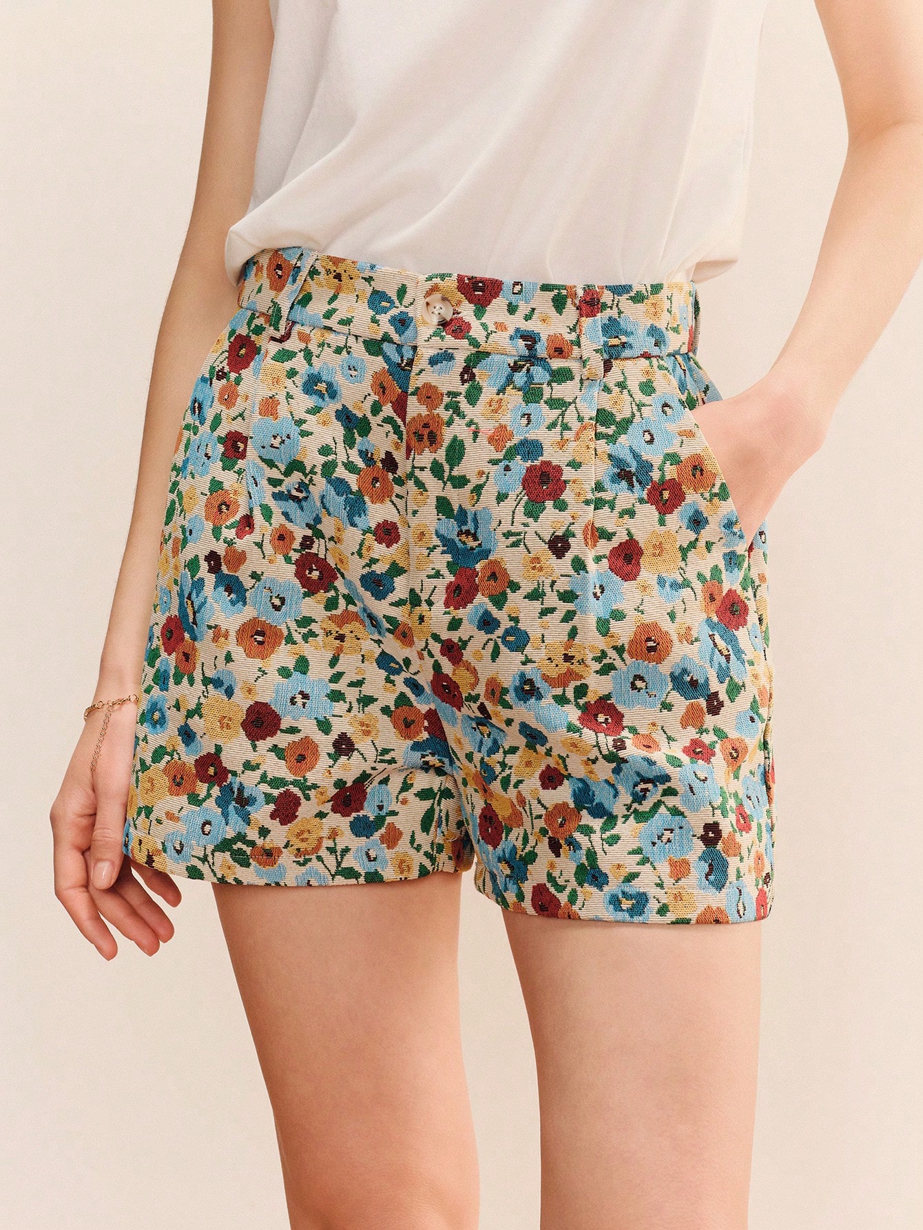 High-Waisted A-Line Shorts In Floral Jacquard With Front Pleats Spring Summer Jacquard Floral Shorts Holiday Outfits Going Out Outfits Vintage Style