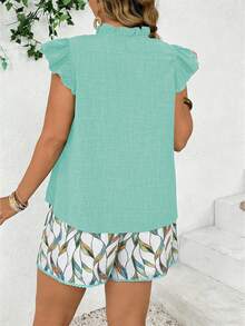 Weeklong Plus Size Solid Color Casual Retro Pleated Ruffle Flare Sleeve Top And All-Over Print Shorts 2 Piece Set - Mint Green - View 2