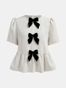 SHEIN Girlism Kids Teen Girls Elegant Commuter Woven Striped Black & White Contrast Bow Decor Short Sleeve Blouse, Back To School Season Blouses For Girls Blouses For Teens - Apricot - View 1