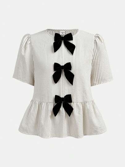 SHEIN Girlism Áo sơ mi tay ngắn kẻ sọc đen trắng thanh lịch dành cho bé gái/thiếu niên, kiểu dáng công sở, điểm nhấn nơ, thích hợp cho mùa tựu trường.