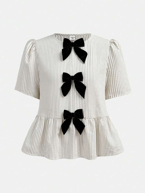 SHEIN Girlism Kids Teen Girls Elegant Commuter Woven Striped Black & White Contrast Bow Decor Short Sleeve Blouse, Back To School Season Blouses For Girls Blouses For Teens