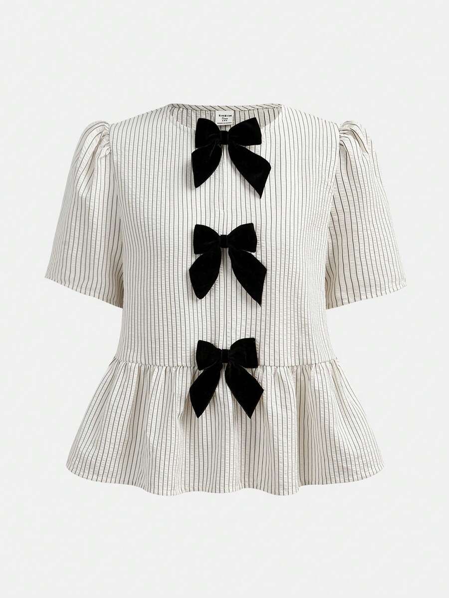 SHEIN Girlism Kids Teen Girls Elegant Commuter Woven Striped Black & White Contrast Bow Decor Short Sleeve Blouse, Back To School Season Blouses For Girls Blouses For Teens - Apricot - View 1