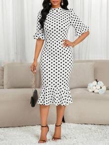 SHEIN Lady In vết tròn Polka Tay áo loe Nàng tiên cá Hem Đầm - trắng - Xem 3