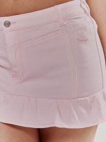 MUSERA Chân váy mini denim màu pastel ôm sát, viền bèo nhún, thích hợp cho mùa xuân hè, dễ thương, nữ tính, đi nghỉ mát, đi biển, mặc hàng ngày, phong cách sorbet. - Hồng - Xem 6