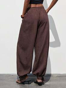 SHEIN Maija Women's Solid Color Drawstring Waist Pockets Casual Loose Harem Pants, Summer Holiday , Spring , Valentine For Women, Beach Pants, Beach , Vacation, Summer Holiday , Vacation For Women, Casual Pants, Brown Pants, Loose And Comfortable Baggy Pants Loose Pants St Patrick's Day Women Easter Summer Easter Party Top Summer Holidays Each Vacations For Women Summer For Women Going Outs Graduation Casual - Coffee Brown - View 3