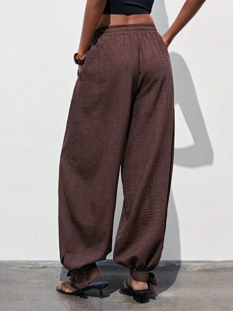 SHEIN Maija Women's Solid Brown Summer Casual Loungewear Drawstring Waist Pockets Loose Harem Pants,Comfortable Baggy Beach Vacation Pants For Spring