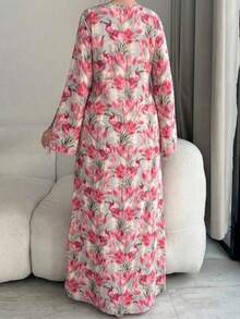 Al Najma Plus Size Women's Elegant Floral Print Cutout Neck Ruffle Sleeve Loose Dress, Vacation Style - Multicolor - View 2