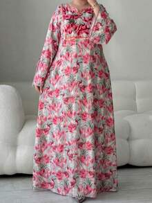 Al Najma Plus Size Women's Elegant Floral Print Cutout Neck Ruffle Sleeve Loose Dress, Vacation Style - Multicolor - View 3