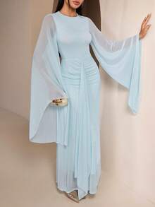 Veilorie Women's Elegant Pleated Drape Dress, Suitable For Dates And Formal Occasions - Blue - View 3