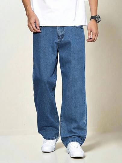 Manfinity Hypemode بنطلون جينز كاجوال واسع بتصميم بسيط وجيوب متعددة للرجال ، للاستخدام اليومي