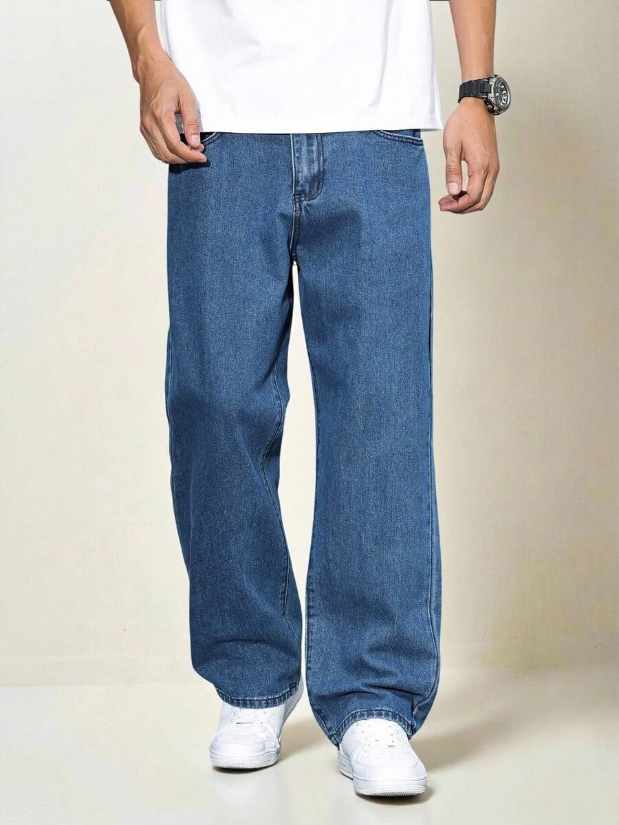 Manfinity Hypemode Quần Jeans Denim Baggy Tối Giản Nhiều Túi Cho Nam, Mặc Hàng Ngày - Rửa tối - Xem 1