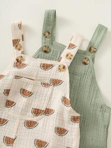 SHEIN Bộ 2 áo liền quần cho bé trai và bé gái, họa tiết dưa hấu và màu xanh lá cây, chất liệu crepe, thích hợp cho các hoạt động thường ngày mùa xuân/hè, du lịch, nghỉ mát. - Nhiều màu - Xem 4