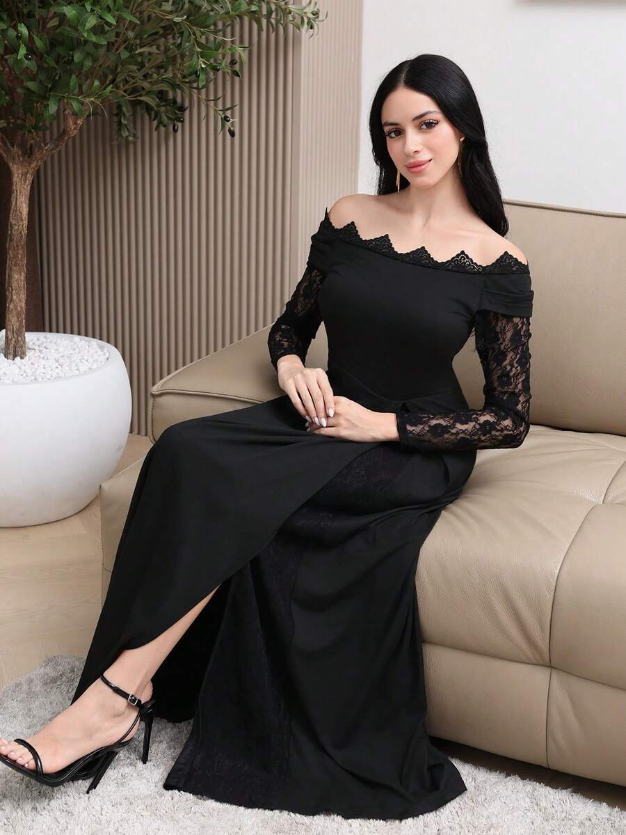 Modelyn Women's Off-Shoulder Lace Patchwork Elegant Waist Cinched Long Dress, Suitable For Party And Outings - Black - View 1