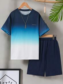 2 pièces/Set Tenue décontractée pour garçons adolescents avec contraste de couleur dégradé, t-shirt à manches courtes de sport et shorts, ensemble de loisirs sportifs pour les déplacements quotidiens et l'exercice - Bleu marine - Voir 3