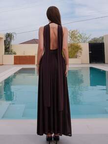 Bris Aura Women's Solid Color Mesh Plunging Back Tie Wrap Dress, Sexy See-Through Vacation Dress,Valentine's Day,Valentine Outfits For Women Party Elegant - Coffee Brown - View 2