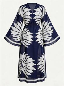 SHEIN Swim Lushore Women's Vacation Beach Mesh Shell Digital Print Flare Sleeve Elastic Waist Drawstring Tie Vacation Kimono Robe - Navy Blue - View 7