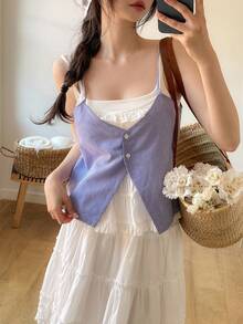 DAZY Áo Cami kẻ caro 2 trong 1 dành cho nữ - Màu xanh lam - Xem 9