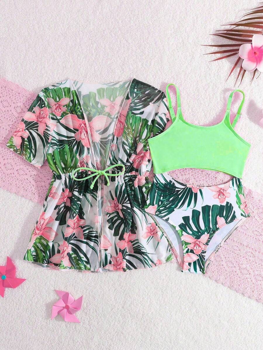 SHEIN Young Girl Summer Beach Family Vacation Holiday Patchwork Floral Print Hollow-Out One-Piece Swimsuit And Sun Protection Cardigan Cover-Up 2pcs Set - Green - View 1